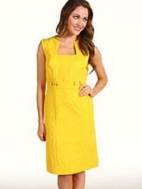 Tahari Yellow Textured Cap Sleeve Sheath Dress